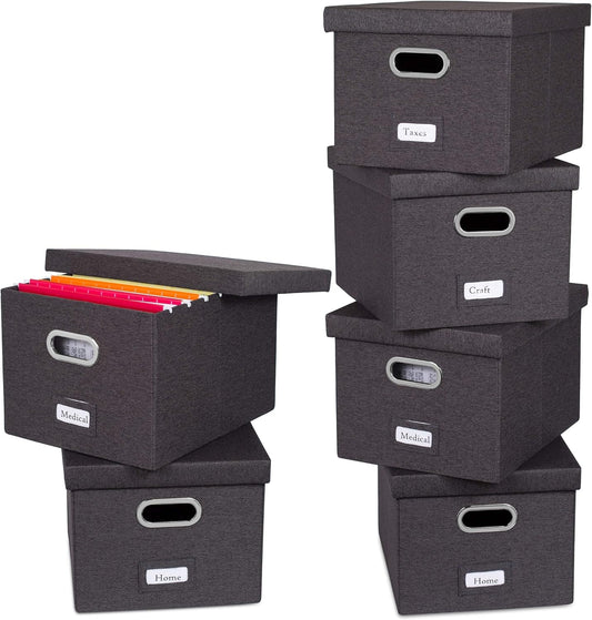 Internet's Best Collapsible File Storage Organizer with Lid - Decorative Linen Filing & Storage Office Box – Hanging Letter/Legal Folder – Home Office Bins Cabinet – Charcoal Container - 6 Pack