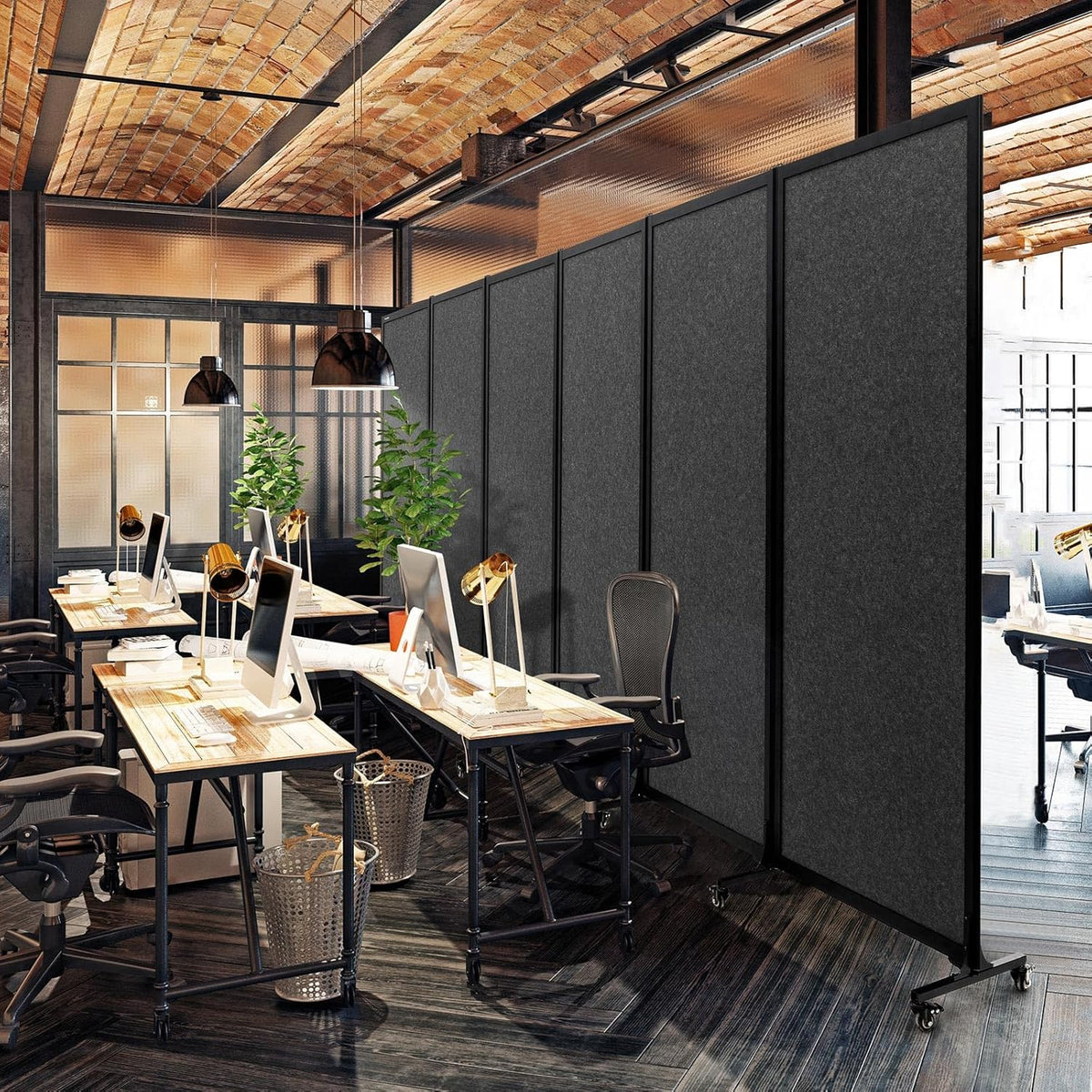 Upgrade Version Room Partition and Divider, Freestanding Rolling Dividers with Wheels,Office Privacy Screen Divider Wall,Classroom Felt Dividers,12'2"L* 6'7"H,6 Panel，Dark Grey