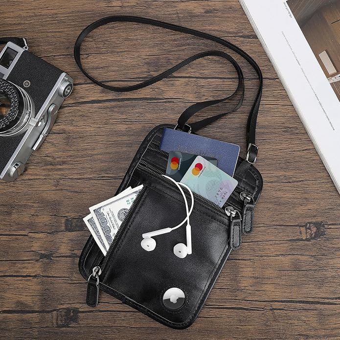 Polare Full Grain Leather Neck Wallet RFID Blocking Conceal Passport Holder Travel Pouch with AirTag Slot for Men