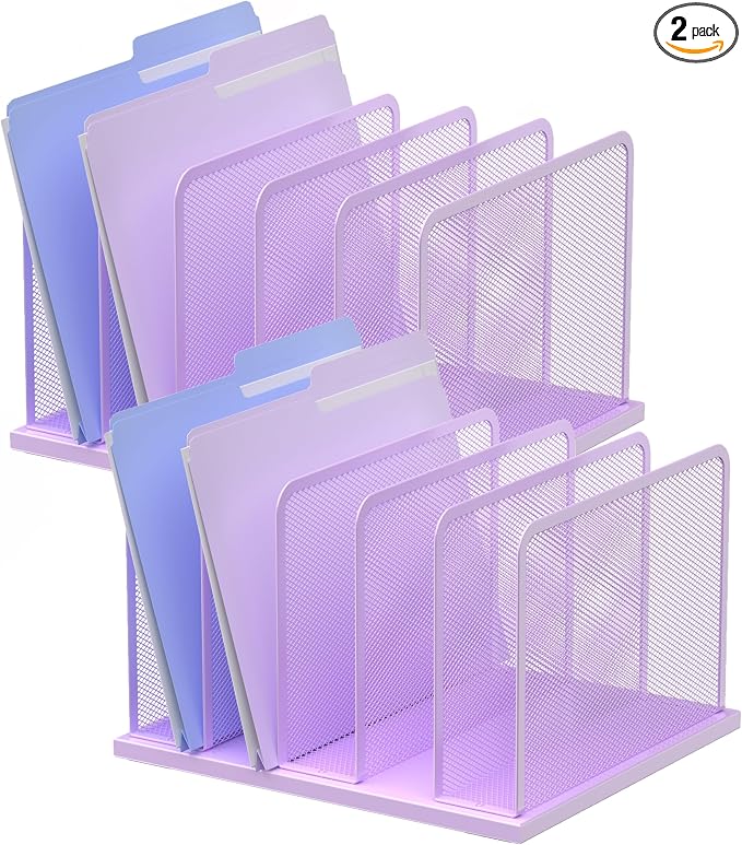Kuntine.B 5-Section Upright Desk File Organizer Purple 2 Pack | Vertical, Mesh, Metal, Assembly, Stability, Sturdiness, Organization, Standing
