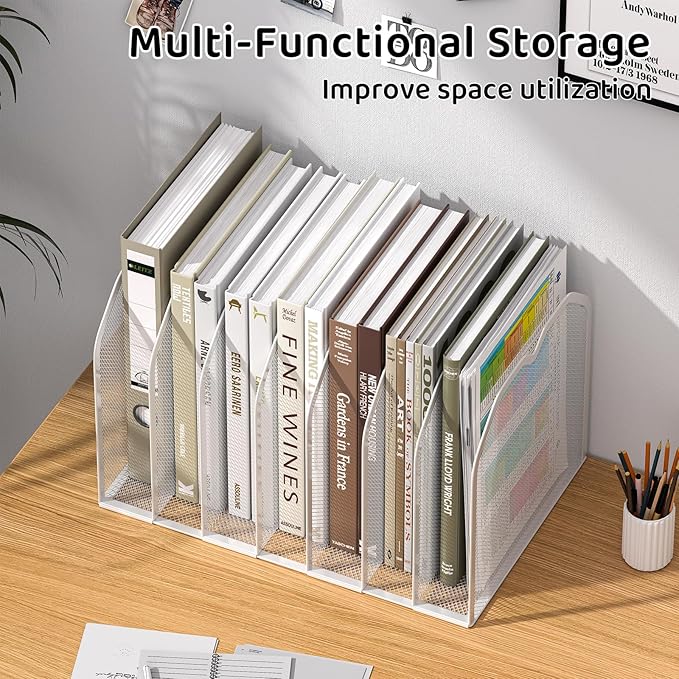 FANXIYQ White 7-Section File Folder Organizer for Desk – Metal Vertical File Holder, Desktop File Organizer Vertical Stand, Letter/A4 Folder Rack, Upright File Sorter, Office Paper Organizer