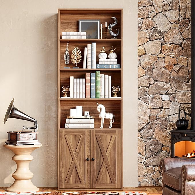 IRONCK Industrial Bookshelves and Bookcases with Doors Floor Standing 6 Shelf Display Storage Shelves 70 in Tall Bookcase for Home Office, Living Room