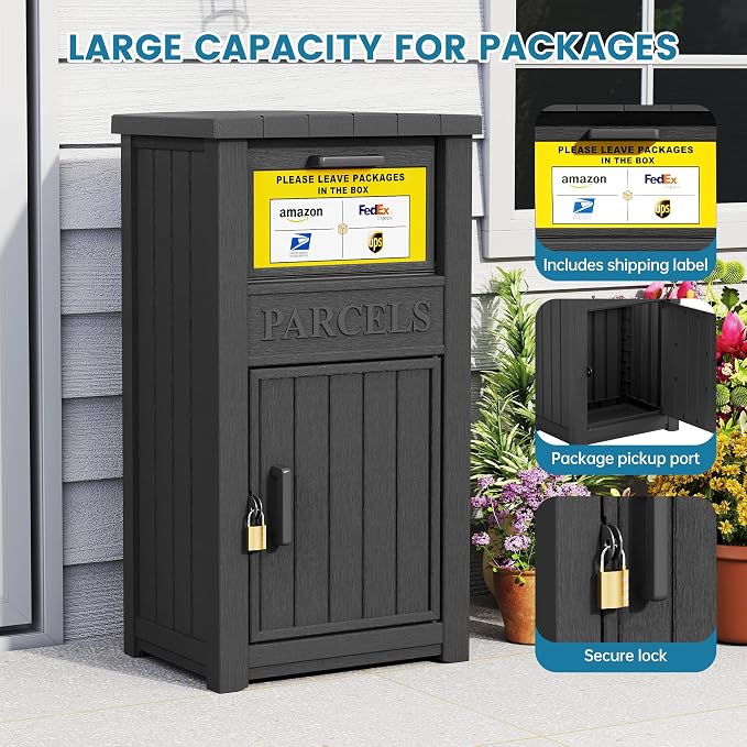 Package Delivery Box for Outside with Sign, Large Lockable & Weatherproof Anti-Theft Parcel Drop Box for Porch, Curbside, House Storage, Black(60 Gallon with Sign)
