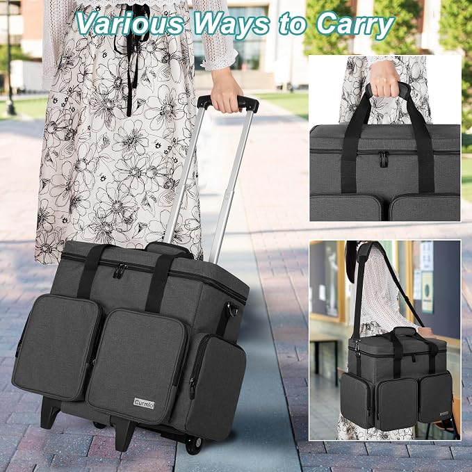 Rolling Teacher Tote Bag with 2 Detachable Pouches for Work, Black | Wheeled Teacher Uility Bag with 15.6" Padded Laptop Sleeve, Large Briefcase with Detachable Trolley for Women