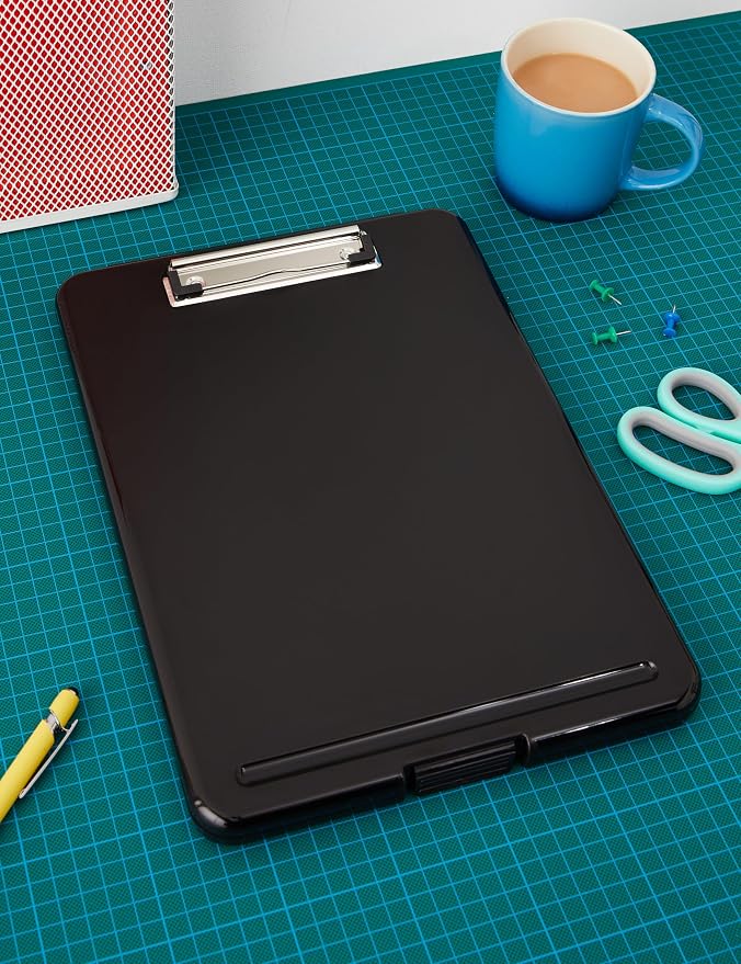 Amazon Basics Sturdy Plastic Storage Clipboard for School & Office Supplies, Lightweight, Black, 4-Pack
