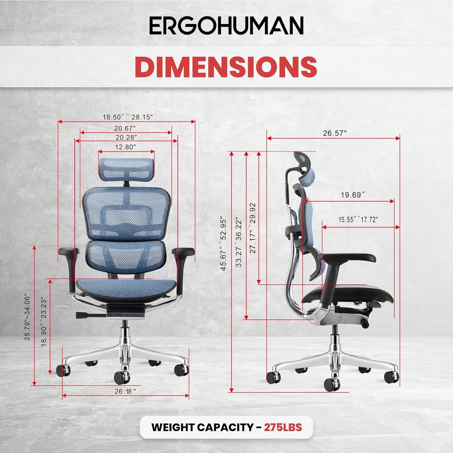 Ergohuman Eurotech ME7ERG GEN2 High Back Mesh Office Chair with Tilt Tension Control, Tilt Lock, Back Angle, Back Height, Synchro Tilt, Seat Height, Seat Depth, and Arm Height Adjustments, Blue