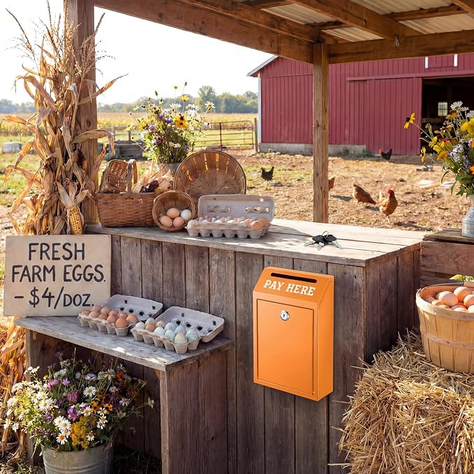 Yaocom Safe Metal Cash Box for Farm Stand – Money Drop and Secure Donation Collection, Wall Mount Lockable Unit with Pre Drilled Holes for Outdoor Self Serve(Orange,10.2 x 5.7 x 2.8 Inch)