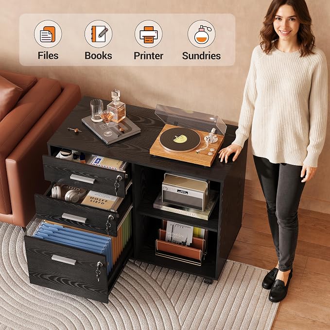 DEVAISE 3-Drawer File Cabinet with Lock, Mobile Wood Filing Cabinet, Black | Rolling Printer Stand, Office Cabinet, Open Storage Shelves, Letter & A4 Compatible, Home Office, Under Desk Storage