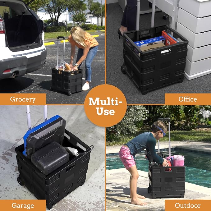 Collapsible Ultra-Slim Pack-N-Roll, 2 Wheel Utility Cart , With Telescopic Handle - Super Strong up to 80 Lbs Load Capacity, Black