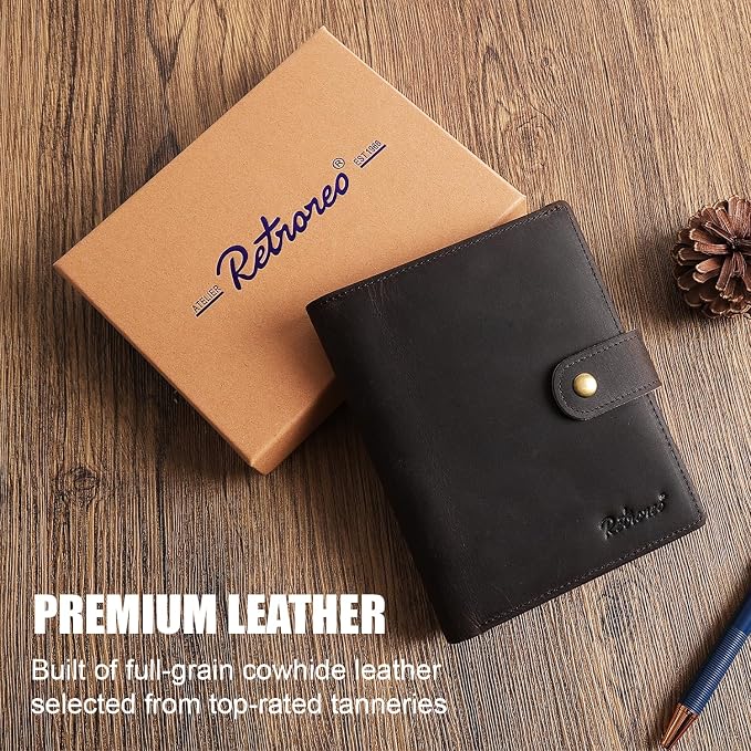Vitus Full Grain Leather Passport Wallet, Travel Document Organizer with RFID Blocking, Dual Passport Slots, Dual Cash Pockets, Multiple Card Holders, a 60-Page Travel Notebook & Pen Included