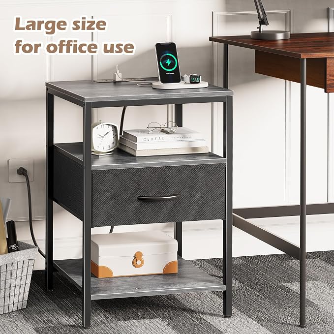 SUPERJARE Nightstand with Charging Station, USB-C Port, Bedside Table | 27.7 Inch Tall Nightstand with Adjustable Fabric Drawer, Large Dresser for Bedroom, Living Room, Gray & Black