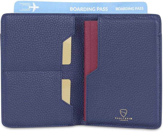 Vaultskin KENSINGTON Passport Holder for Travel, RFID Wallet (Matt Blue) | Slim genuine leather book cover, small case for men and women, inner sleeve, cards, cash, scan blocking protection, gift box