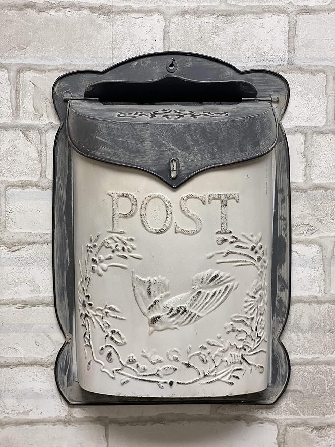 Vintage Farmhouse Decorative Post Box – Rustic Wall Mounted Mailbox Decor for Home, Porch & Garden, Hanging Floral Display Holder, Country Style Metal Wall Accent (White Bird Design)