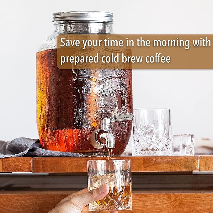 BTaT- 1 Gallon Cold Brew Coffee Maker, Thick Glass Pitcher | Stainless Steel Filter, Lid & Spigot Iced Coffee Sun Tea Brewer Mason Jar Cold Brew Container Fast Iced Tea Maker for Fridge