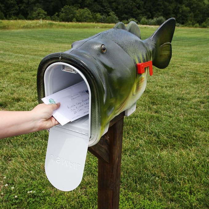 Rivers Edge Products Largemouth Bass Fish Mailbox, Mailbox for Outside, Post Mount, Metal, Plastic Outer Layer, Hand-Painted Markings, 40 X 16 X 10 Inches, 15 Pounds, 1 Count