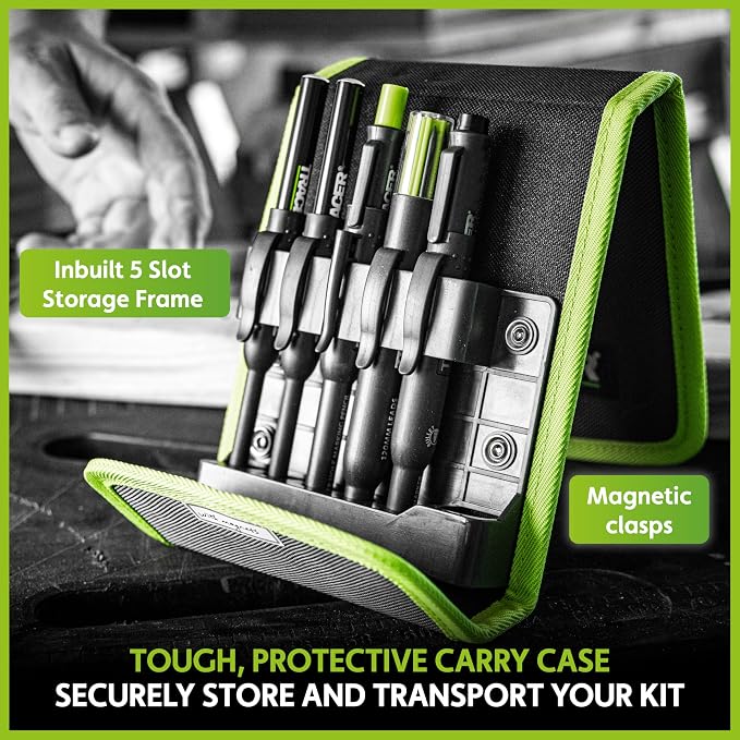 Tracer 5 Piece Construction Marker Kit - Deep Hole Carpenter Pencil Set with 2 Deep Hole Marking Pens, Heavy Duty Clog-Free Marker, 2.8mm Replacement Leads & Storage Case for Woodworking Tools | 5-piece carpenter pencil set with deep hole marking pens,...