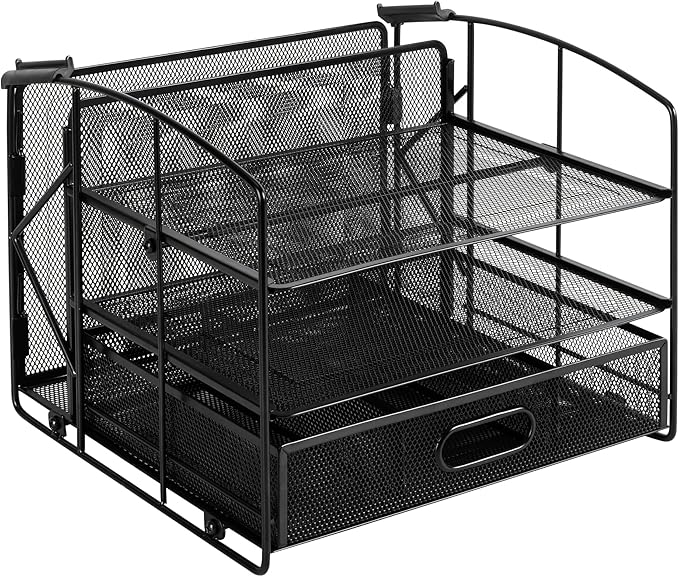 Amazon Basics Rectangular Desk Organizer 3 Tray w/Sliding Drawer and Hanging File Holder, Black