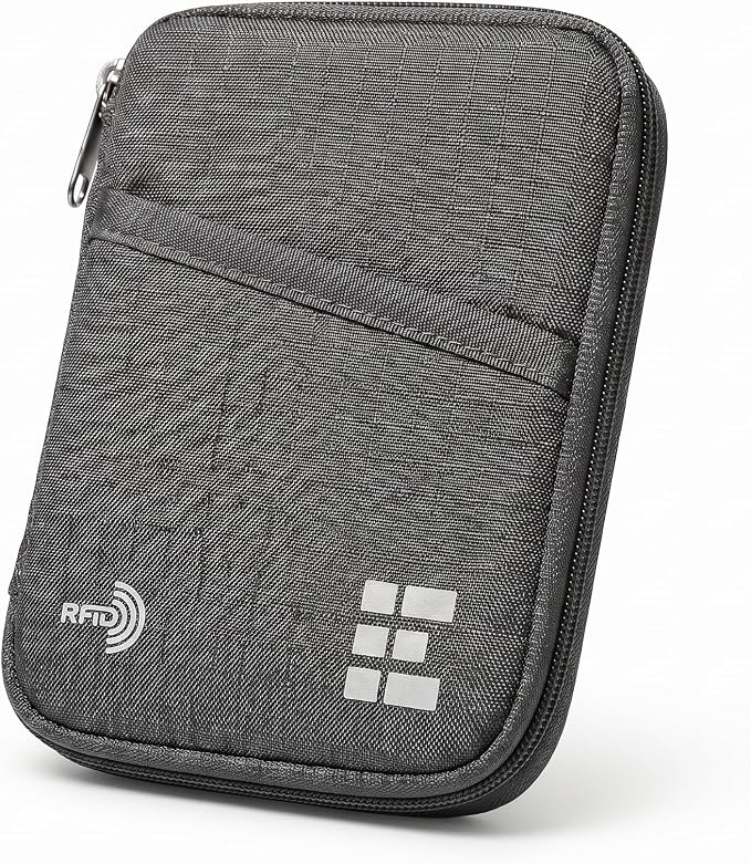 Zero Grid RFID Passport Holder for Passports & Cards, Zippered, Grey | Zippered Travel Wallet for Men & Women, Fits Passport, Cards, Cash, ID, Sim Card; Compact Travel Document Holder, Shadow Grey