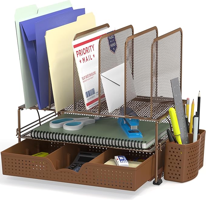 Simple Houseware Desk File Organizer for Office Supplies w/Drawer, Copper | Double Tray, Pencil Holder, and 5 Upright Sections with Sliding Drawer