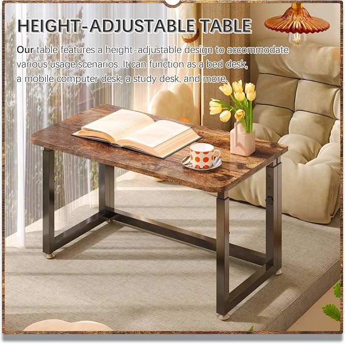 4NM No Tool Assembly 31.5" Small Desk, Folding Portable Desk with Wheels, Adjustable Height Foldable Computer Home Office Desks, Collapsible Study Writing Table for Space Saving Bedroom - Rustic Brown