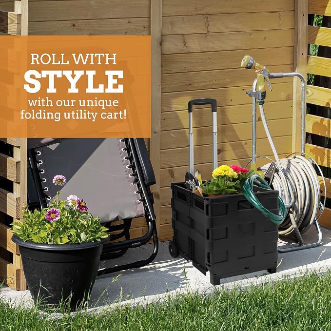 Ultra-Slim Rolling Collapsible Storage Pack-N-Roll Utility-carts, with Telescopic Handle, for Home, Garden, Shopping, Office, School use, Medium, Black