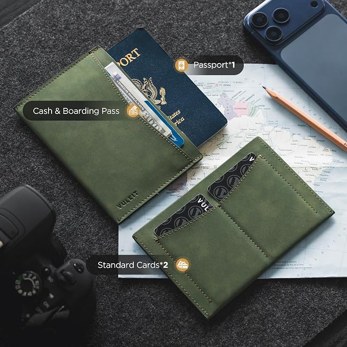 VULKIT Passport Cover Ultra Slim Design Leather Passport Sleeve RFID Blocking with 2 Card Slots, Anti-Theft Travel Essentials