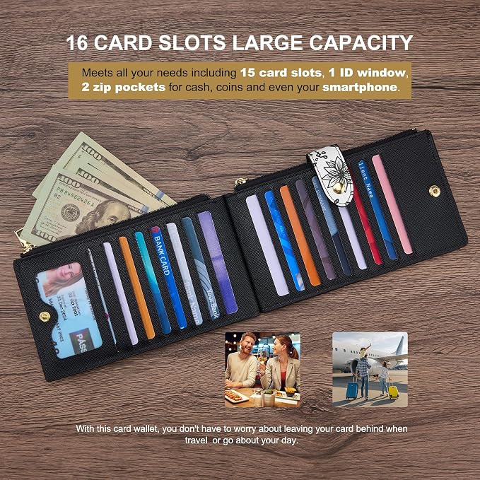 Travelambo RFID Wallet Women Large Size Bifold Multi Card Wallet Case with Zipper Pocke Credit Card Holder for Women