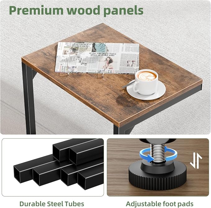 Simple Trending C Shaped End Table, Small Side Table, TV Trays for Couch, Sofa Table for Living Room, Bedside, Rustic Brown