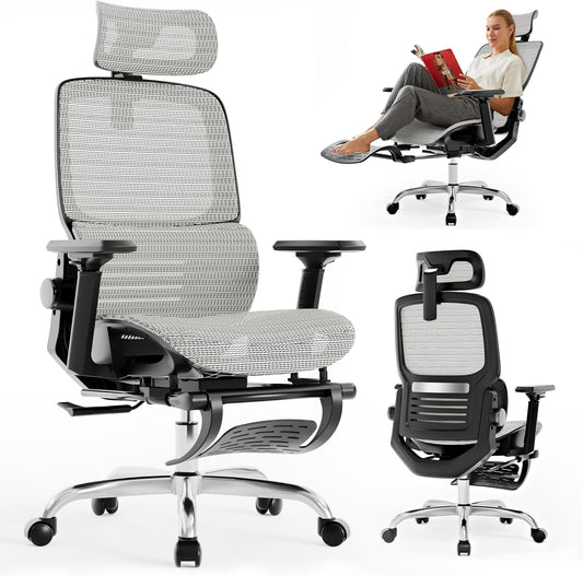 Ergonomic Office Chair, High Back Desk Chairs with Retractable Footrest, Breathable Mesh, Adjustable Headrest, 3D Armrests, Lumbar Support, Tilt Function, Comfy Swivel Computer Gaming Chair