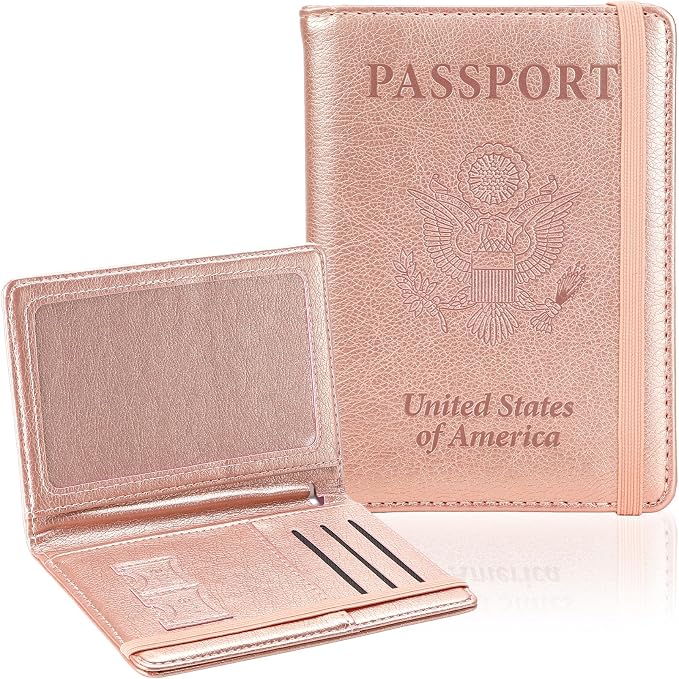 Passport Holder for Travel, RFID Blocking Passport Cover with Pen Holder Leather Passport Wallet Case Travel Must Haves Accessories Passport Book Card Holder for Family Travel Essentials, Rose Gold