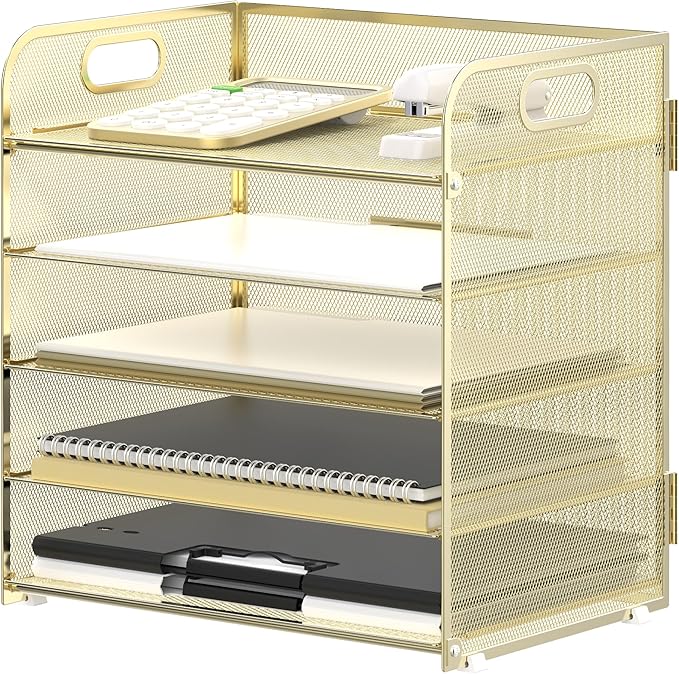 5 Trays Paper Organizer Letter Tray with Handle-Mesh Desk File Organizer, Paper Sorter Desk Organizer for Office, Home or School (Golden)