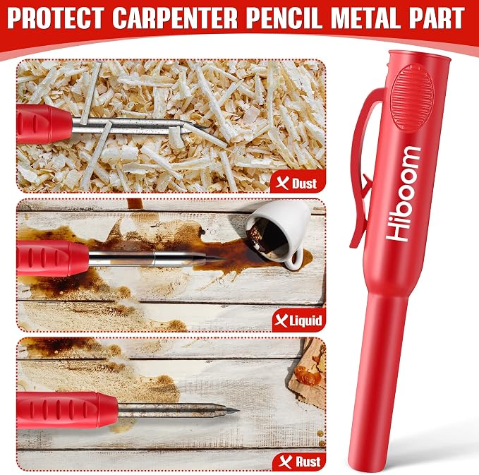 Hiboom 3 Pack Carpenter Pencils Set with 24 Refills | 2.8 mm Carpenters Mechanical Pencil Built in Sharpener, Woodworking Marking Tool Solid Deep Hole Construction Pencil