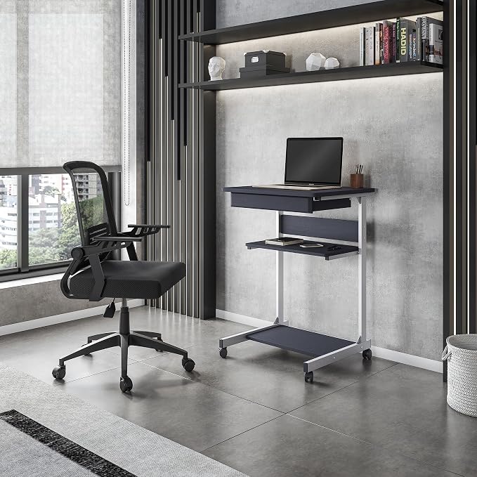 Techni Mobili Rolling Laptop Cart w/ Storage & Printer Shelf,Graphite Black | Rolling laptop cart with storage shelf, printer platform, locking wheels, portable workstation, laptop stand, or mobile desk