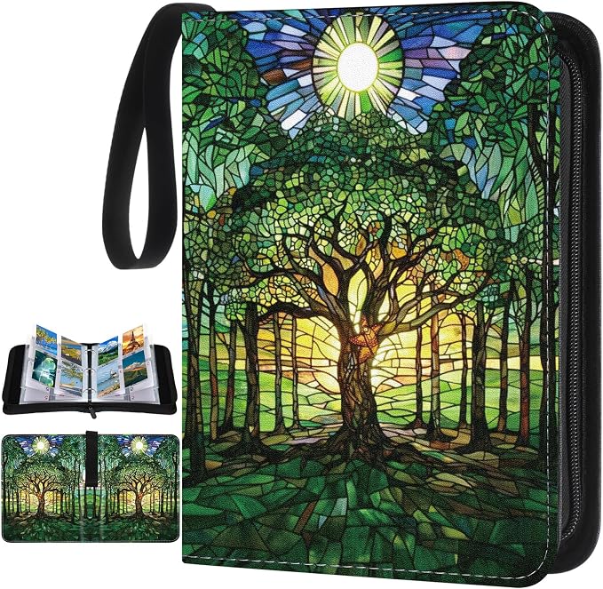 Card Binder 4/9 Pocket PU Waterproof Trading Binder Compatible with Mtg/ygo/tcg for 400/900 Portable Album Holder with Zipper Wristband Card Organizer(Forest Style,9.8 x 7.7 x 2 Inch)