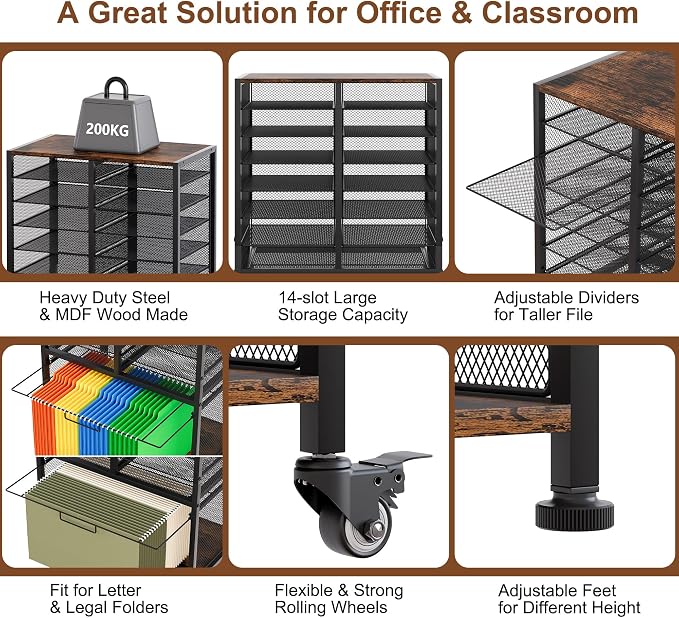 EasyPAG Rolling File Cart with 14 Slot Mail Organizer, Under Desk Storage with Hanging File Rack for Letter/Legal Folders, Mobile Filing Cabinet Printer Stand for Office Home Classroom, Black