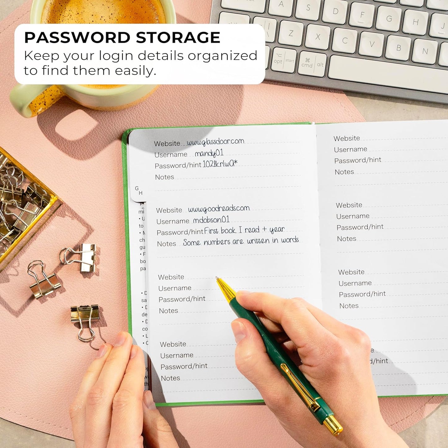 Clever Fox Password Book with alphabetical tabs. Internet Address Organizer Logbook. Medium Password Keeper for Website Logins (Green)