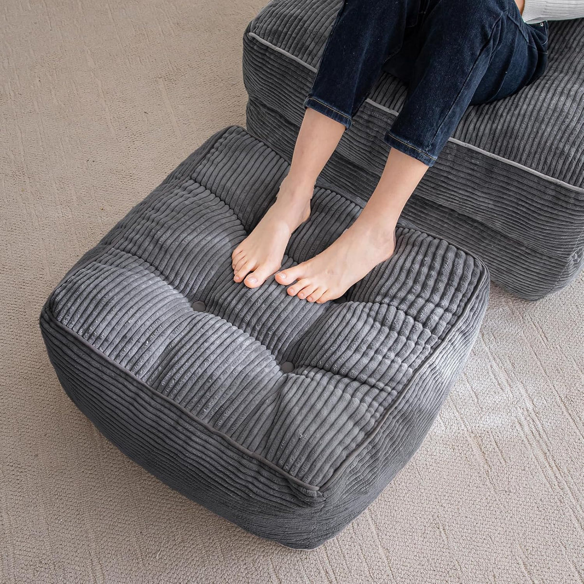 HIGOGOGO Square Stuffed Pouf Ottoman, Corduroy Poufs with Foam Chunk Filling, Furry and Fluffy Pouf Foot Stool Storage Ottoman, 25.6 X 25.6 Floor Poufs Foot Rest for Living Room, Dark Grey