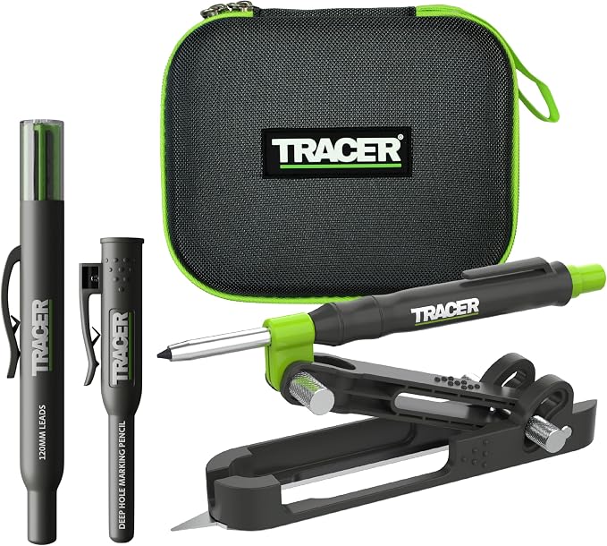 Tracer Professional Woodworking Scribe Tool Set ProScribe with Deep Hole Pencil, 6X 2.8 mm Lead Refills, Holster & Case - Precision Scribing Tool for Carpenters & Craftsmen