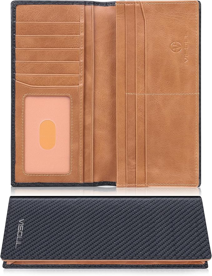 VISOUL Leather Checkbook Cover Wallet for Men with RFID Blocking, Mens Long Bifold Cash Tall Wallet with 11 Credit Card Slots 1 ID Window (Black+Tan)