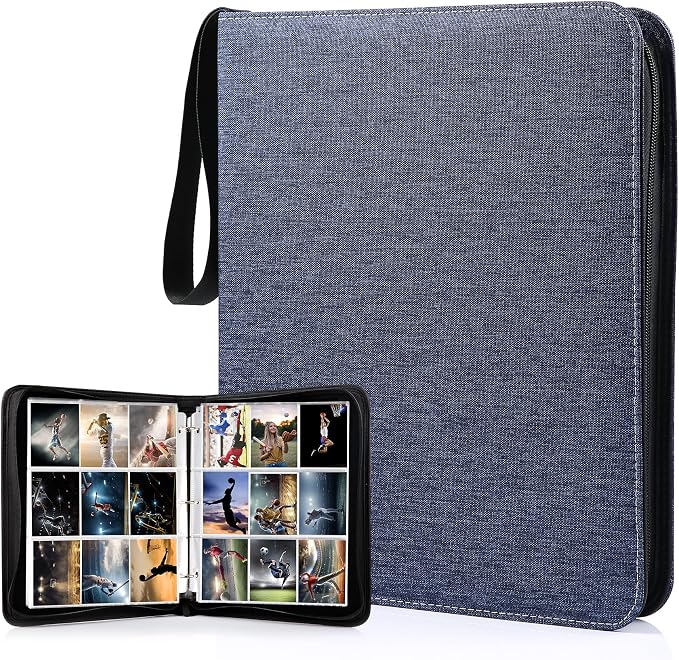 WOT I Trading Card Binder, 900 Pockets Collection Card Binder Sleeves with Polyester Fabric Cover&Zipper - Dark Blue