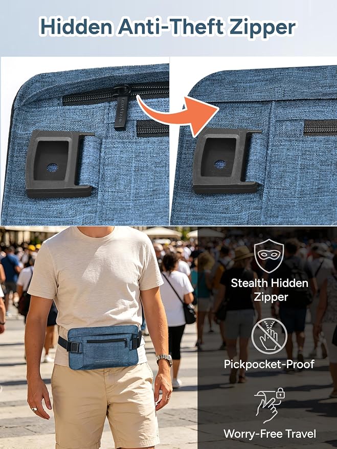 RFID Hidden Money Belt for Travel - Slim Anti Theft Pouch, Adjustable Strap | 2 RFID pockets for cash, ID, and passport, skin-friendly slim belt design moisture-wicking fit hidden under clothes
