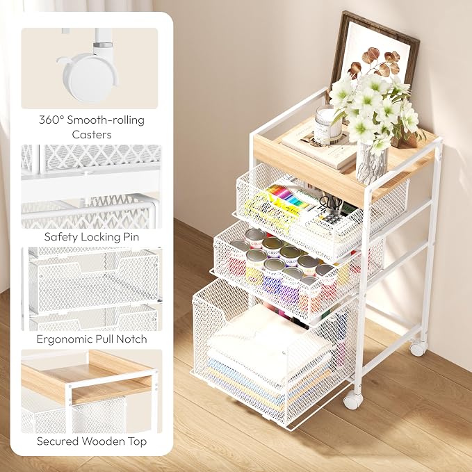 SWTYMIKI Rolling File Cart with Drawers - 4 Tier Under Desk Storage Craft Rolling Organizer Cart - Office Storage &Organization, Mobile Metal Filing Cabinet for Office and Home White