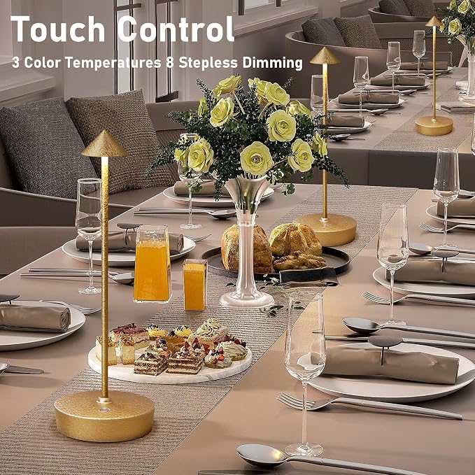 2P Cordless Rechargeable Led Table Lamp Battery Operated Light CHMP Gold | Ice Crackle Finish Champagne Gold Touch 3 Color Dimming Portable Metal Outdoor Waterproof Light for Patio/Restaurant/Dining