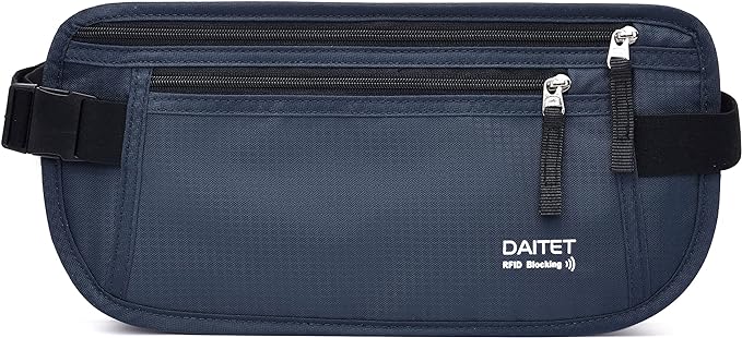 RFID Blocking Money Belt for Men Women, Slim Fanny Pack For Travel，Running,Conceal Waist Wallet For Passport Holder,Phone,Cash(Dark Blue)