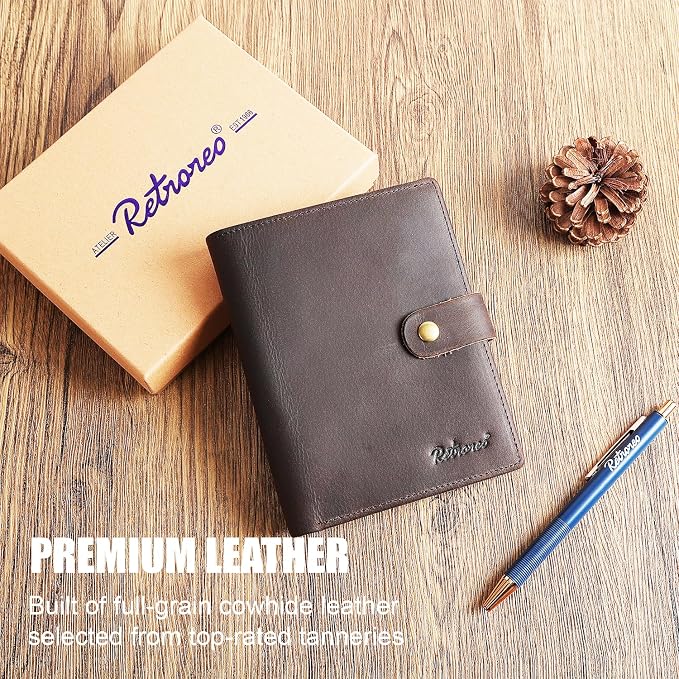 Vitus Full Grain Leather Passport Wallet, Travel Document Organizer with RFID Blocking, Dual Passport Slots, Multiple Card Holders, AirTag Compatible, a 60-Page Travel Notebook & Pen Included