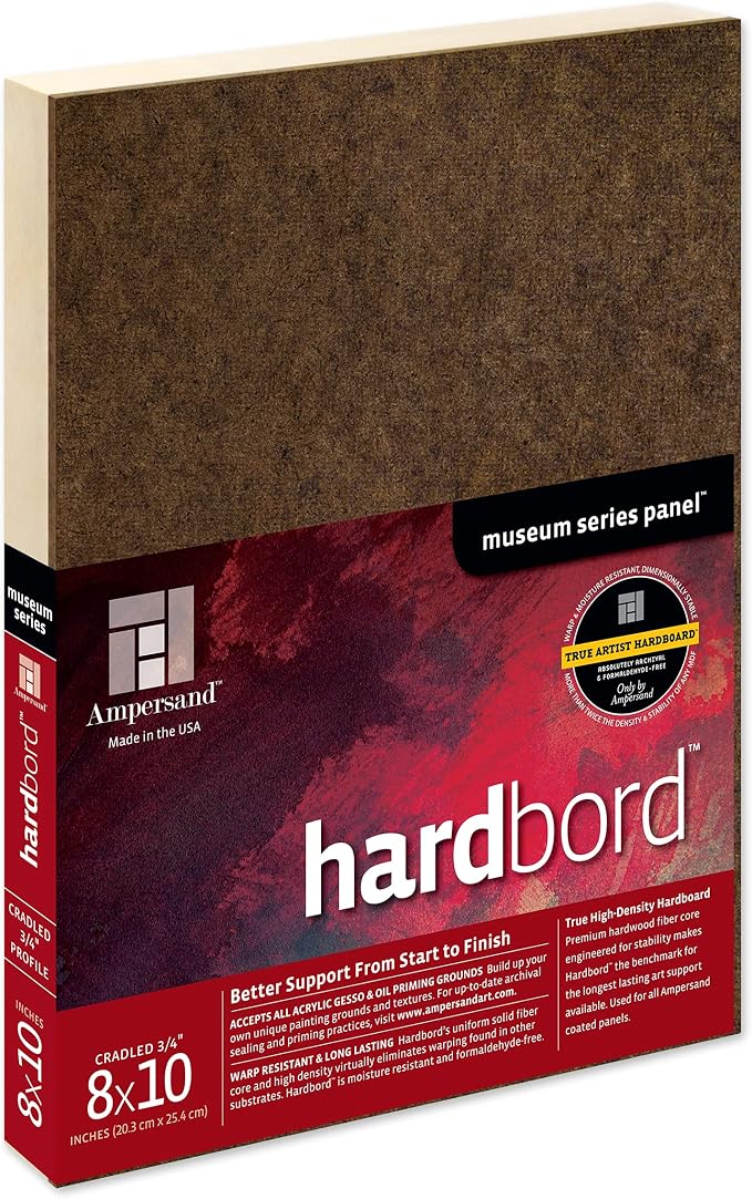 Ampersand Art Supply Hardboard Wood Painting Panel: Museum Series Hardbord, 8" x 10", 3/4 Inch Cradled Profile