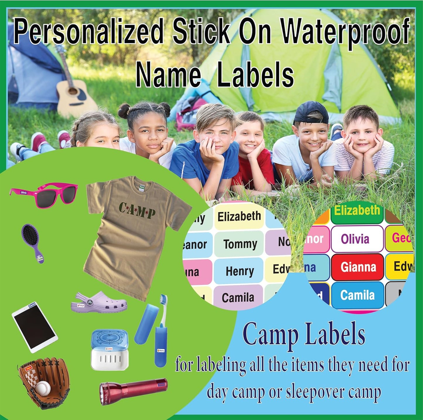 Personalized Waterproof Name Labels Press and Stick Custom Name Stick on Clothing Labels. Customized Up to 3 Lines Great for Camp & Daycare