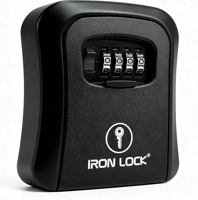 Iron Lock® Medium Wall Mount Combination Key Lock Box, Outdoor (Black) | Screw-in wall mount (4 screws + 4 anchors) — not magnetic, does not hang; weather-resistant zinc alloy, includes key hanger