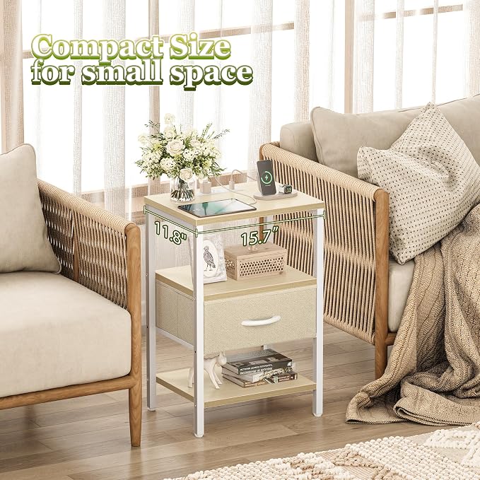 SUPERJARE Nightstand with Charging Station, USB-C Port, Bedside Table | Night Stand for Bedroom, with Adjustable Fabric Drawer, 3-Tier Storage End Table, for Living Room, White Maple