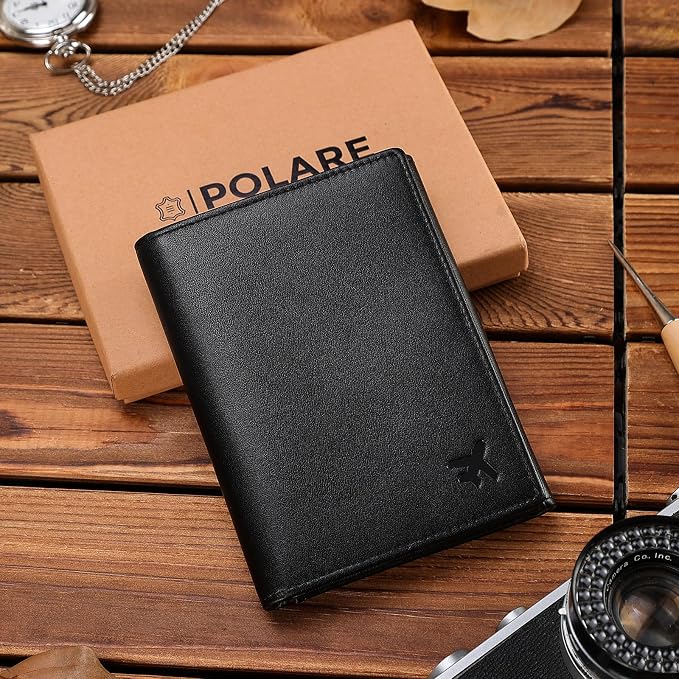 Polare Napa Leather Pilot Wallet Passport Holder RFID Blocking Tri-fold Travel Cover Document Organizer for Aviation Professionals (Black with AirTag Slot)